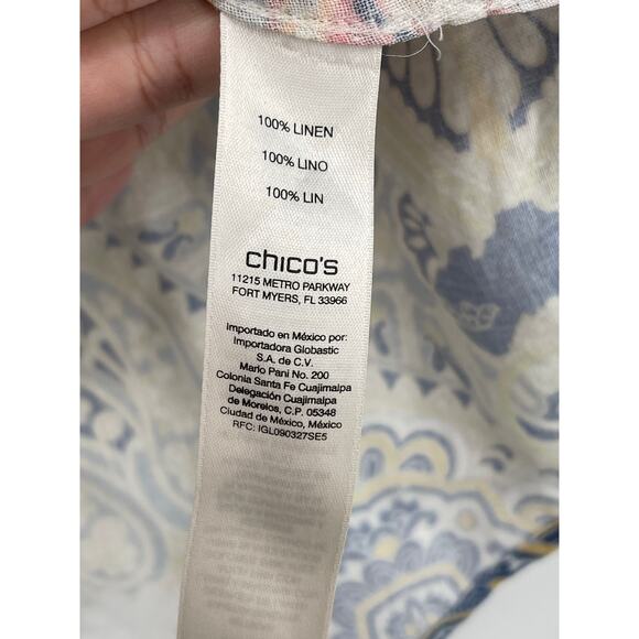 Chico’s No Iron 100% Linen Paisley Button Up Blouse Size Medium Petite Vacation - Picture 5 of 5